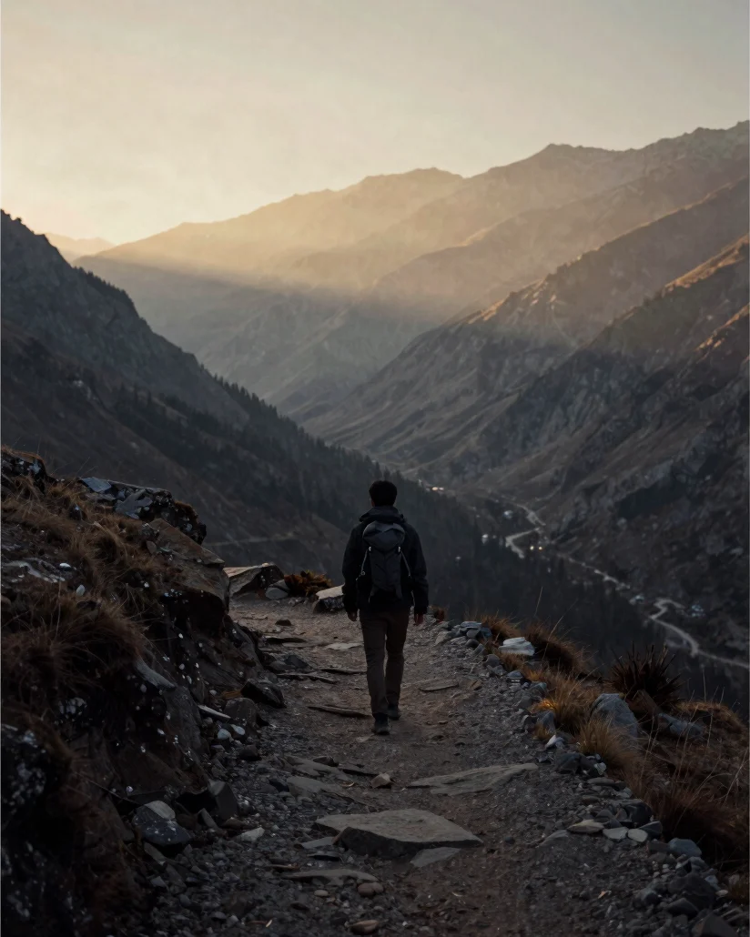 Lone hiker on a quiet mountain trail at dawn, facing away, lookin