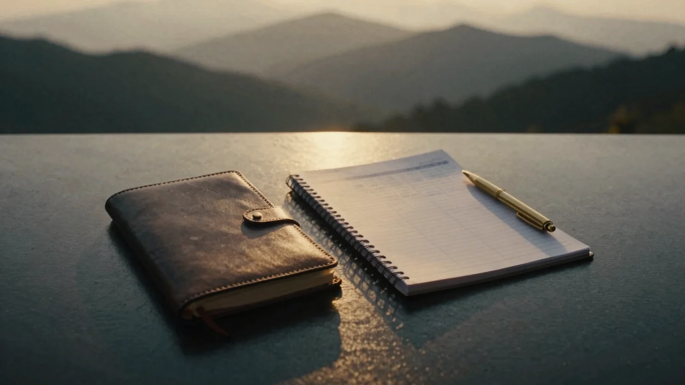Minimalist dark desk setup with a physical leather journal, brass