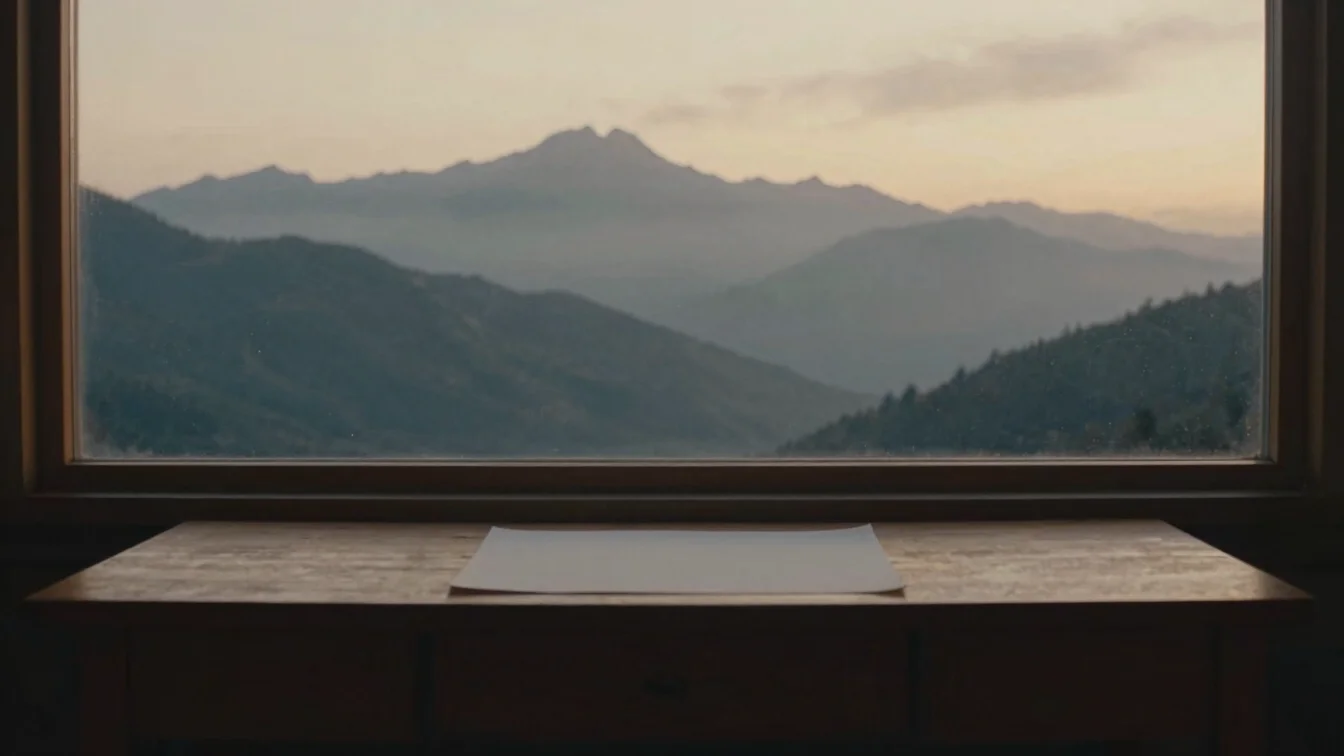 Wide cinematic shot of a solitary wooden desk near a mountain win