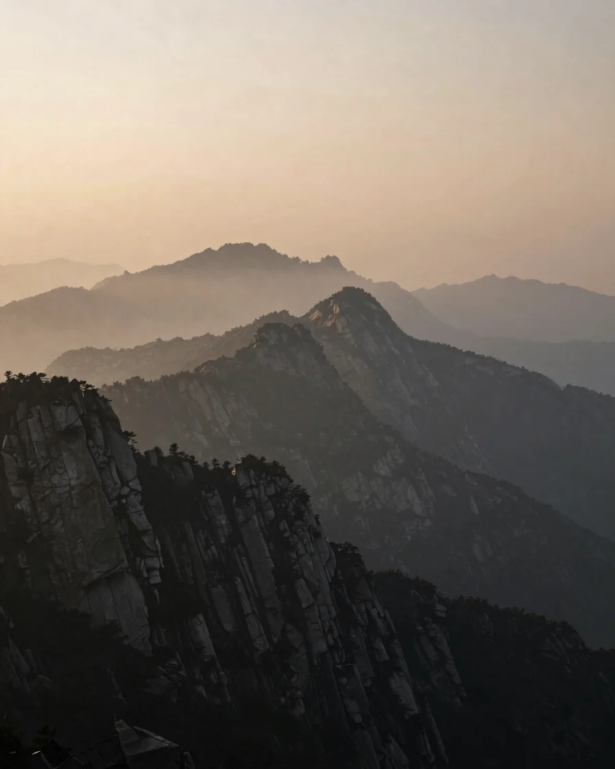 Cinematic fog-covered mountain ridge at dawn, moody atmospheric light and desaturated charcoal rock textures