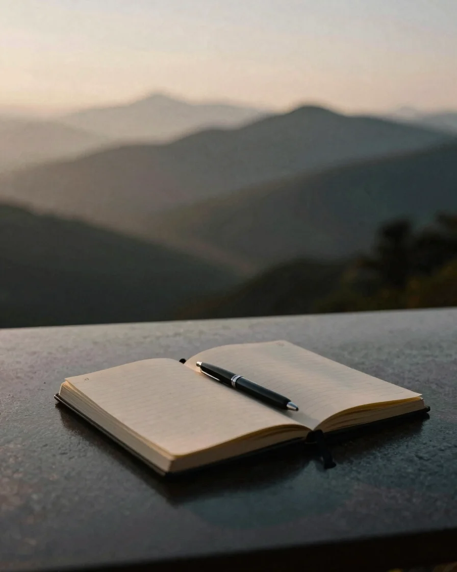 A minimalist desk setup with a physical journal and pen, bathed i