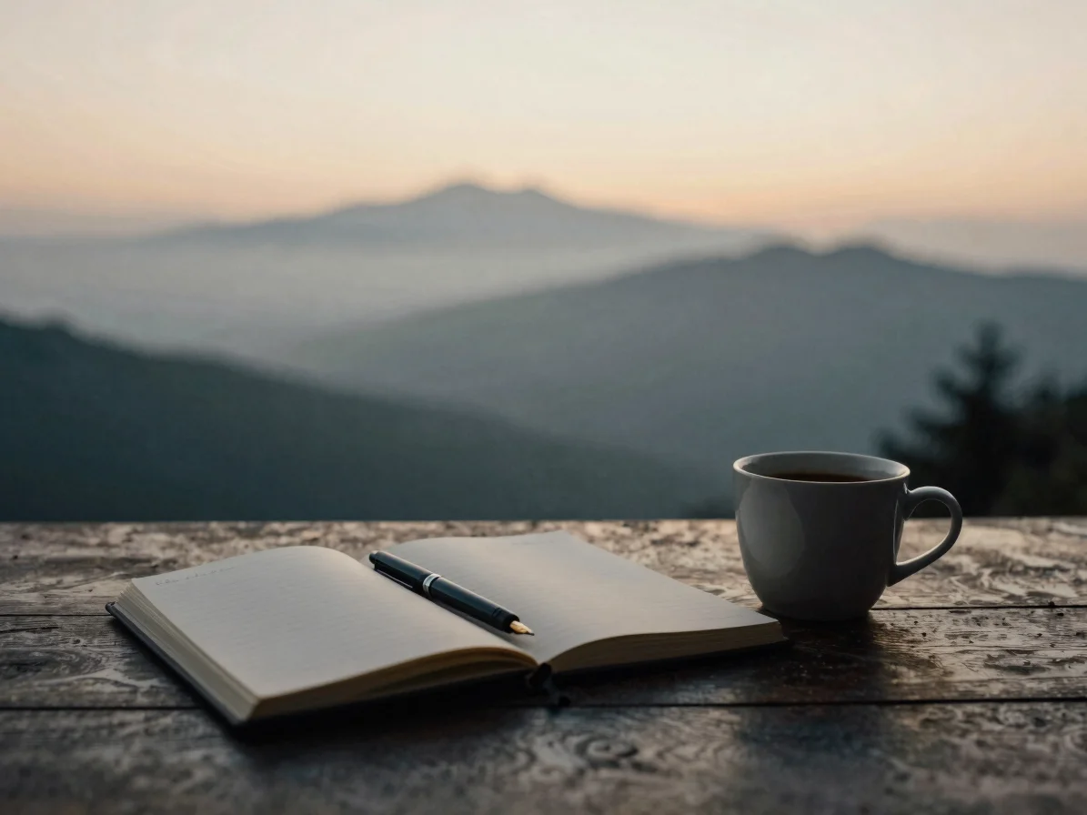 Minimalist desk setup with a physical journal, fountain pen, and